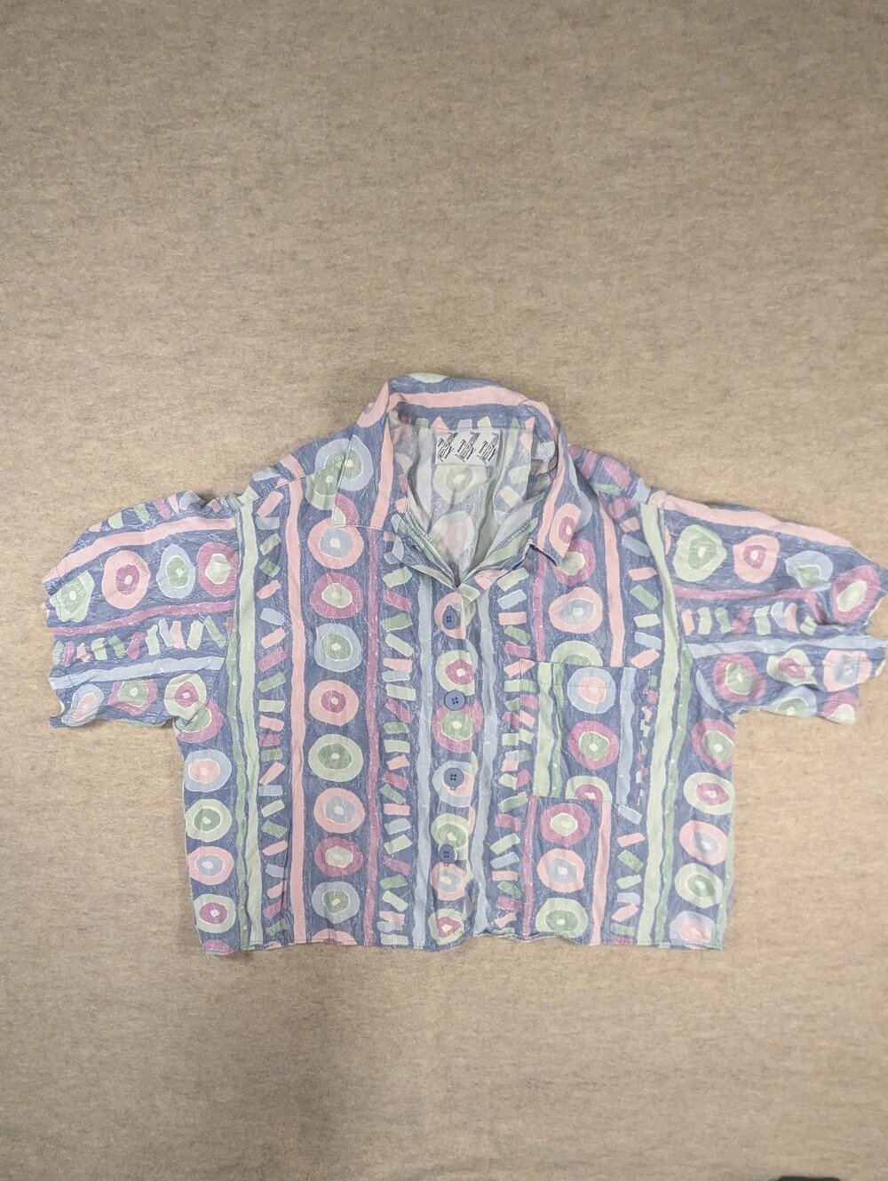 Vintage Cropped Retro Funky Geo Pattern Button Up 80s Oversized Pastel Silky L
